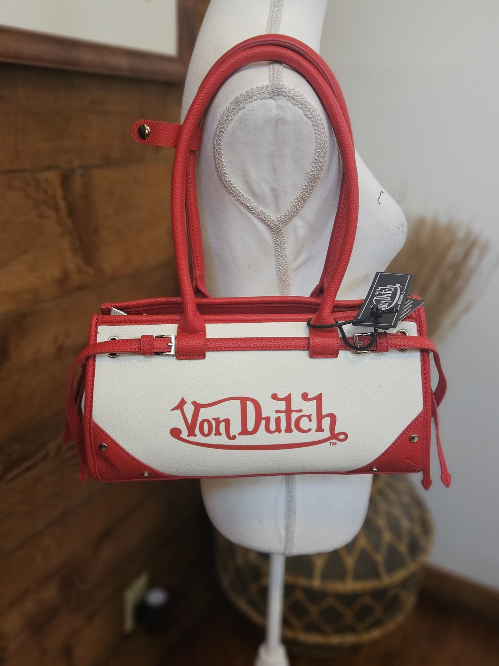 Von Dutch Red & White Logo Barrel Tote Bag